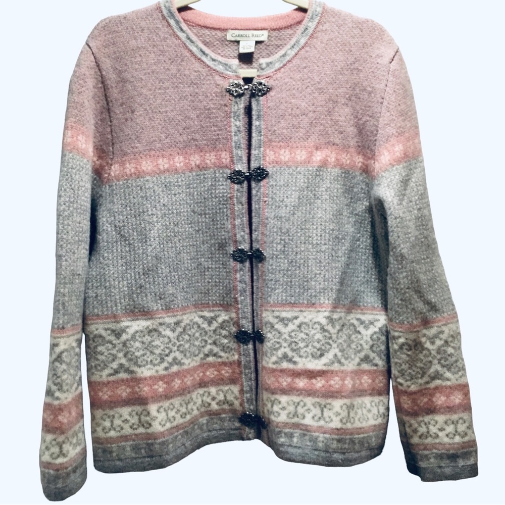 Vintage Carroll Reed Nordic Wool Cardigan Fair Isle Pink/Gray Metal Clasp Size L